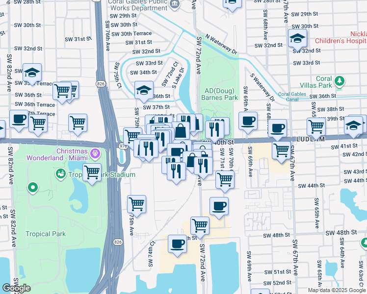 map of restaurants, bars, coffee shops, grocery stores, and more near 4035-4099 Southwest 73rd Avenue in Miami