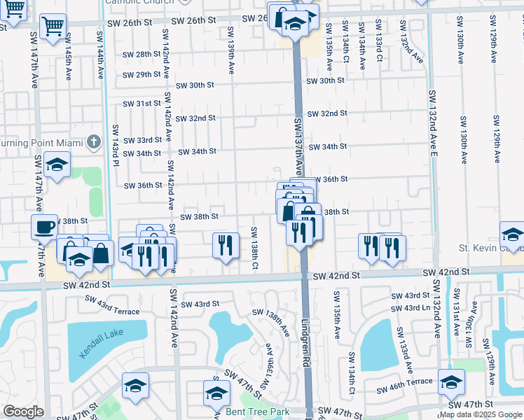 map of restaurants, bars, coffee shops, grocery stores, and more near 13800 Southwest 38th Street in Miami