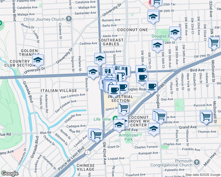 map of restaurants, bars, coffee shops, grocery stores, and more near 4250 Salzedo Street in Coral Gables