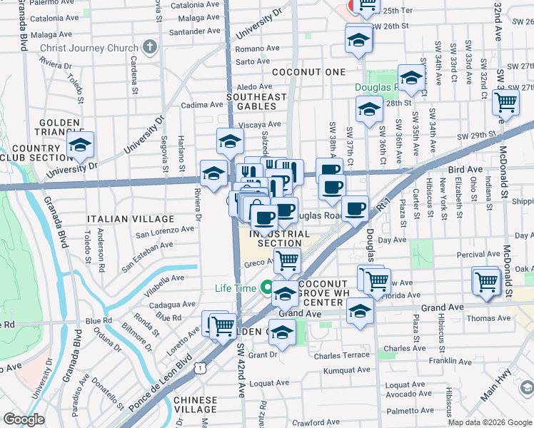 map of restaurants, bars, coffee shops, grocery stores, and more near 4251 Salzedo Street in Coral Gables