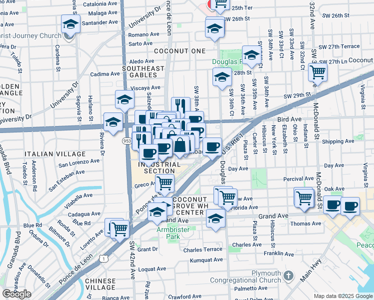 map of restaurants, bars, coffee shops, grocery stores, and more near 3160 Southwest 38th Court in Miami