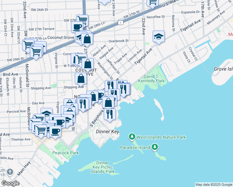 map of restaurants, bars, coffee shops, grocery stores, and more near 2575 South Bayshore Drive in Miami