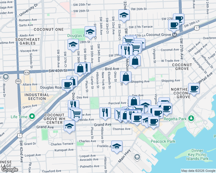 map of restaurants, bars, coffee shops, grocery stores, and more near 3152 Elizabeth Street in Miami