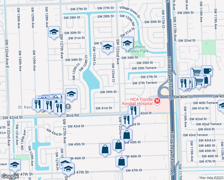 map of restaurants, bars, coffee shops, grocery stores, and more near 12235 Southwest 39th Street in Miami