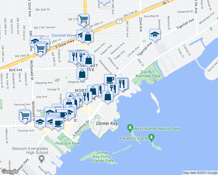map of restaurants, bars, coffee shops, grocery stores, and more near 2627 South Bayshore Drive in Miami