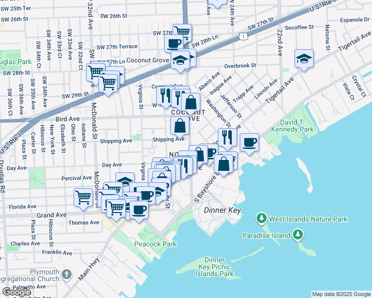 map of restaurants, bars, coffee shops, grocery stores, and more near in Miami