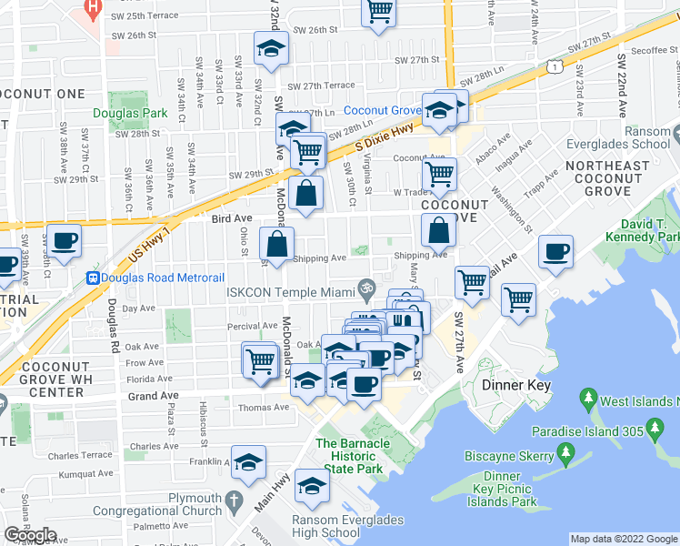 map of restaurants, bars, coffee shops, grocery stores, and more near 3050 Orange Street in Miami