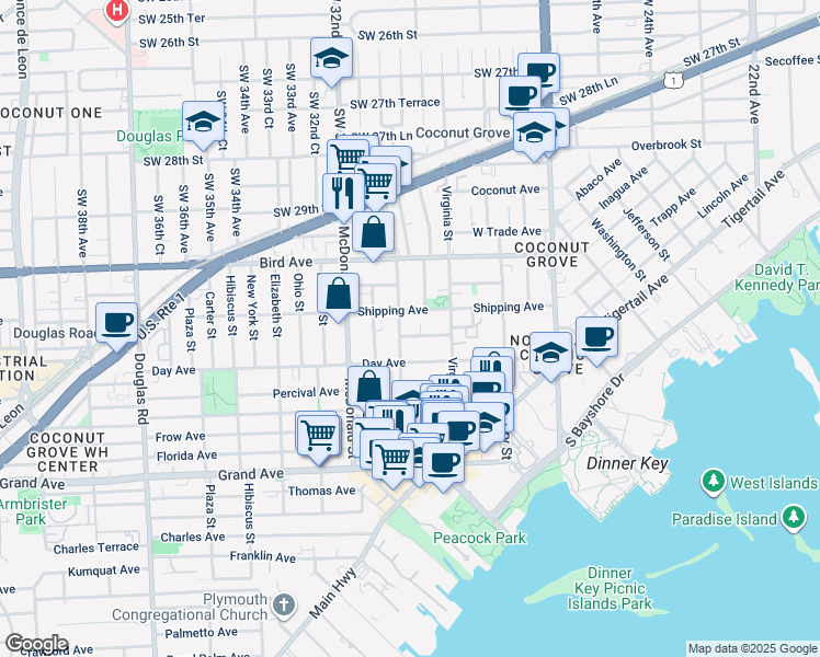 map of restaurants, bars, coffee shops, grocery stores, and more near 3162 Matilda Street in Miami