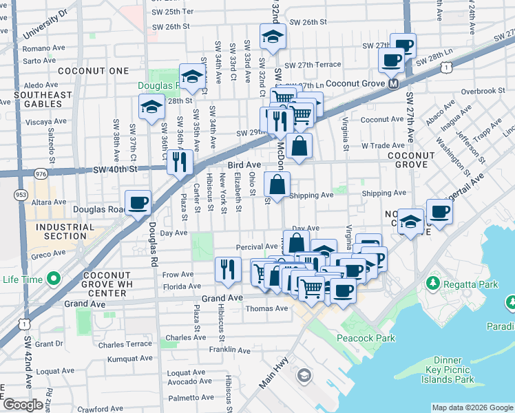 map of restaurants, bars, coffee shops, grocery stores, and more near 3148 Indiana Street in Miami