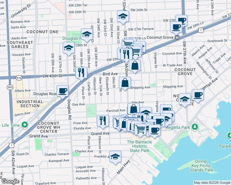 map of restaurants, bars, coffee shops, grocery stores, and more near 3148 Indiana Street in Miami