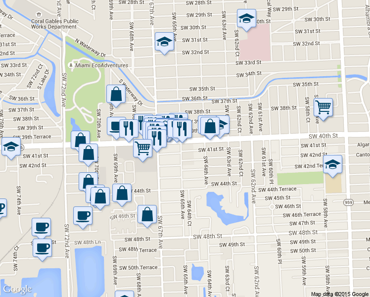 map of restaurants, bars, coffee shops, grocery stores, and more near 6500 Southwest 41st Street in Miami