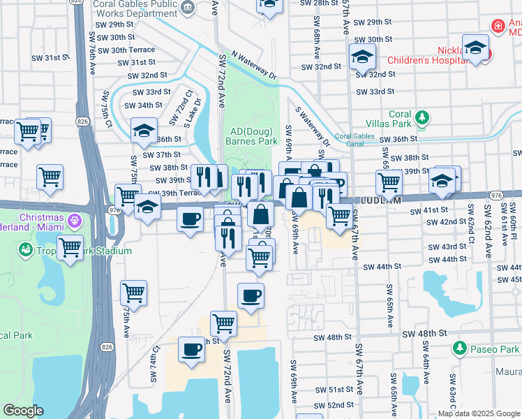 map of restaurants, bars, coffee shops, grocery stores, and more near 4101 Southwest 71st Avenue in Miami