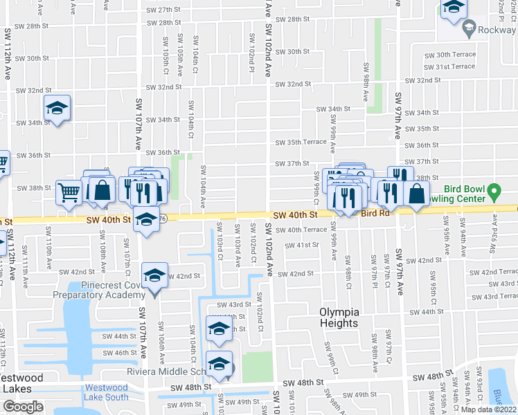 map of restaurants, bars, coffee shops, grocery stores, and more near 3945 Southwest 103rd Avenue in Miami
