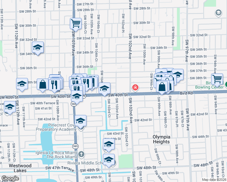 map of restaurants, bars, coffee shops, grocery stores, and more near 10335 Southwest 40th Street in Miami