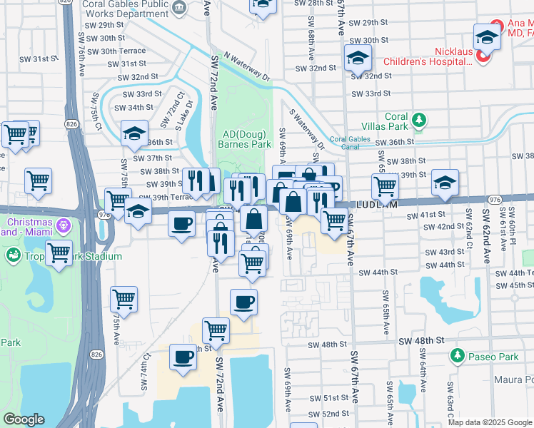 map of restaurants, bars, coffee shops, grocery stores, and more near 4101 Southwest 71st Avenue in Miami