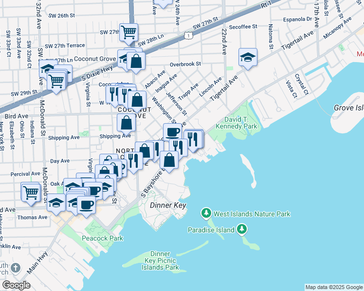 map of restaurants, bars, coffee shops, grocery stores, and more near 2575 South Bayshore Drive in Miami