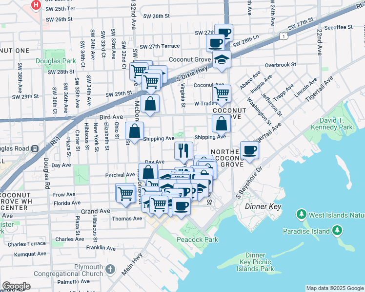 map of restaurants, bars, coffee shops, grocery stores, and more near 3050 Orange Street in Miami