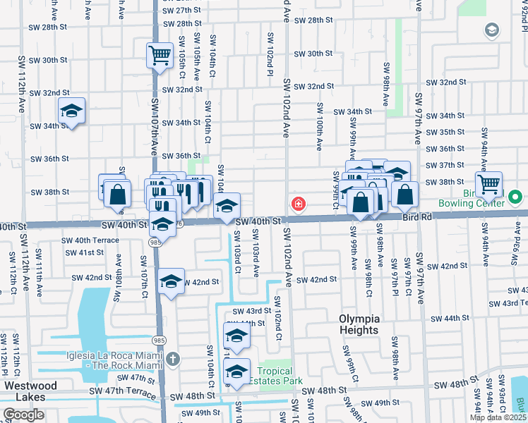 map of restaurants, bars, coffee shops, grocery stores, and more near 3945 Southwest 103rd Avenue in Miami