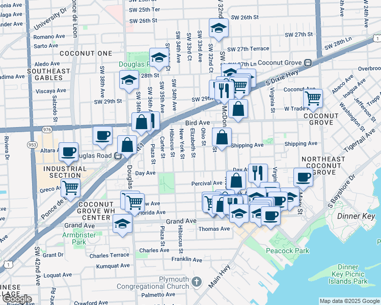 map of restaurants, bars, coffee shops, grocery stores, and more near 3152 Elizabeth Street in Miami