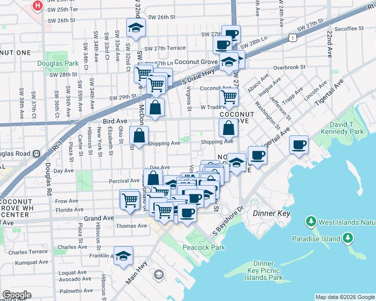 map of restaurants, bars, coffee shops, grocery stores, and more near 3050 Orange Street in Miami