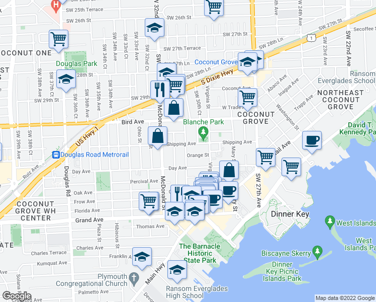 map of restaurants, bars, coffee shops, grocery stores, and more near 3162 Matilda Street in Miami