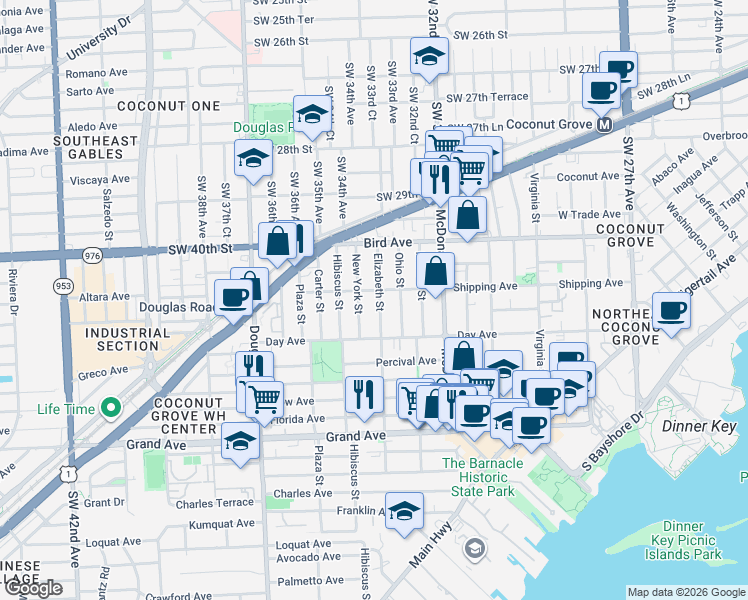 map of restaurants, bars, coffee shops, grocery stores, and more near 3118 Elizabeth Street in Miami