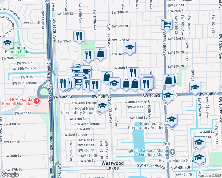 map of restaurants, bars, coffee shops, grocery stores, and more near 11201 Southwest 40th Street in Miami