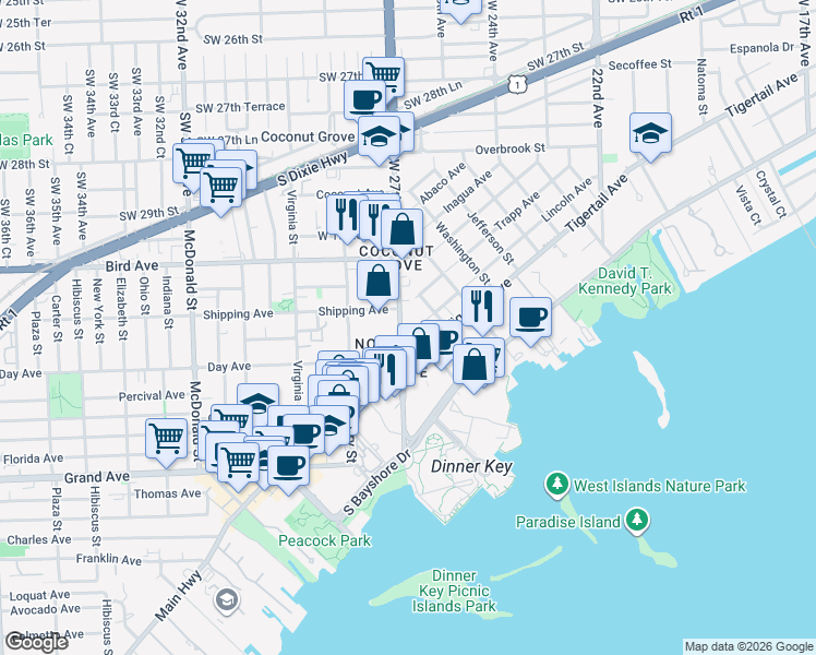 map of restaurants, bars, coffee shops, grocery stores, and more near in Miami