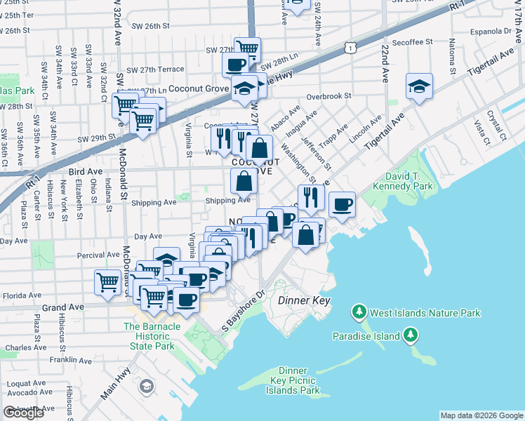 map of restaurants, bars, coffee shops, grocery stores, and more near in Miami