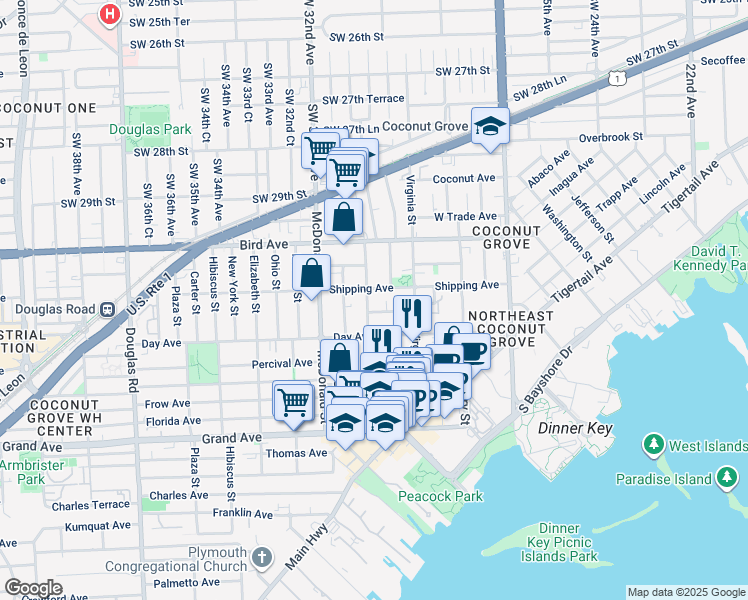 map of restaurants, bars, coffee shops, grocery stores, and more near 3162 Matilda Street in Miami