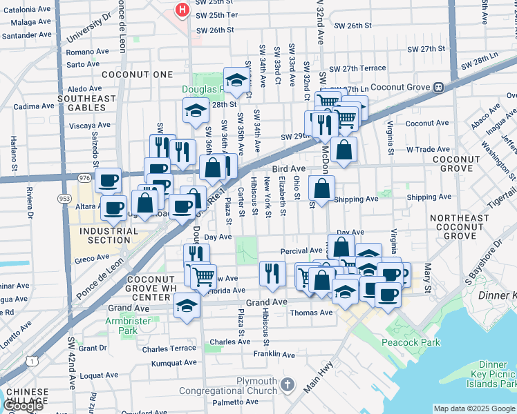 map of restaurants, bars, coffee shops, grocery stores, and more near 3139 Hibiscus Street in Miami