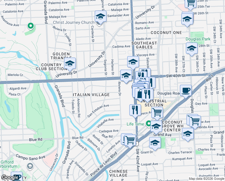 map of restaurants, bars, coffee shops, grocery stores, and more near 518 Altara Avenue in Coral Gables