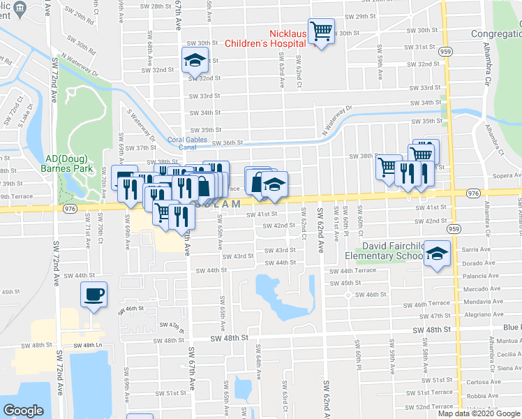 map of restaurants, bars, coffee shops, grocery stores, and more near 6367 Southwest 42nd Street in Miami