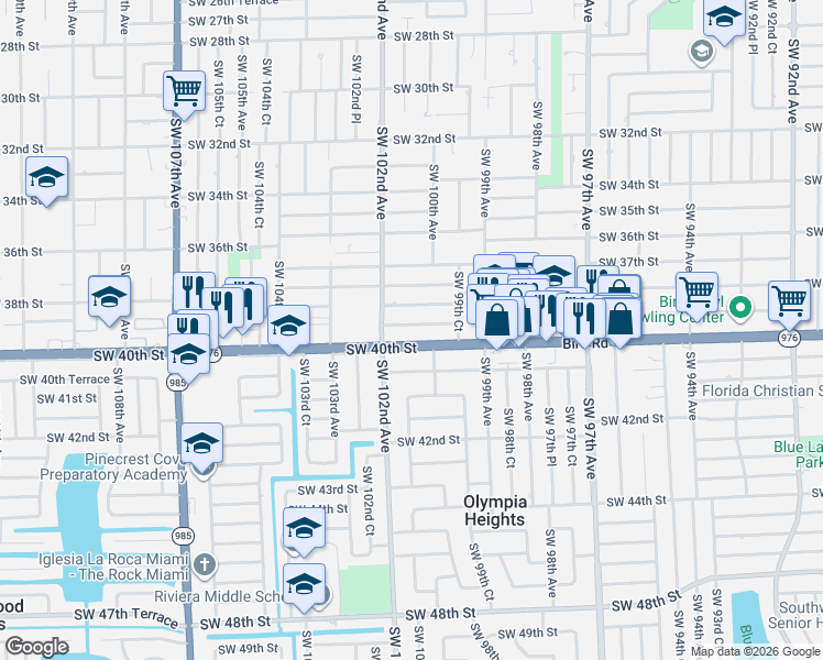 map of restaurants, bars, coffee shops, grocery stores, and more near 10000 Bird Road in Olympia Heights