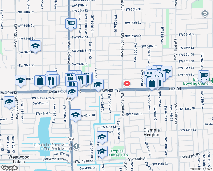 map of restaurants, bars, coffee shops, grocery stores, and more near 10335 Southwest 40th Street in Miami