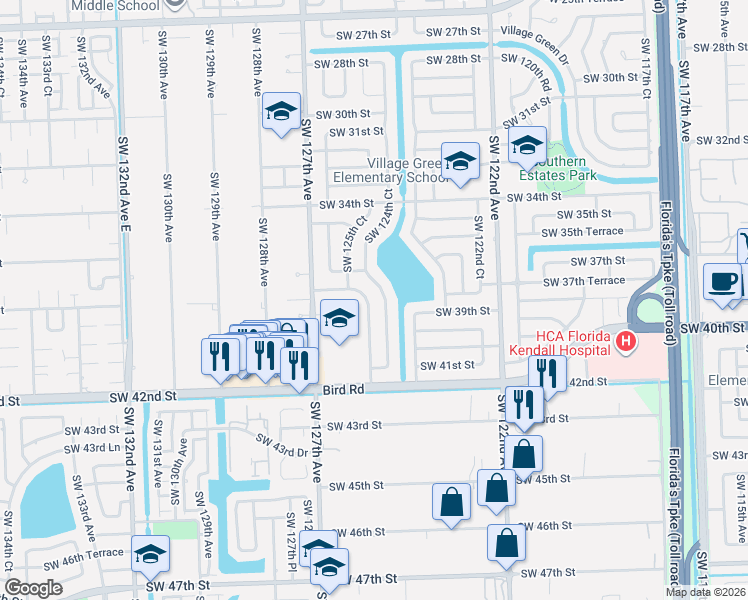 map of restaurants, bars, coffee shops, grocery stores, and more near 3835 Southwest 125th Avenue in Miami
