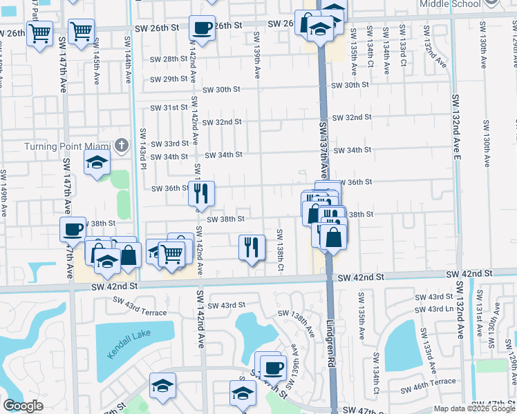 map of restaurants, bars, coffee shops, grocery stores, and more near 13878 Southwest 38th Street in Miami