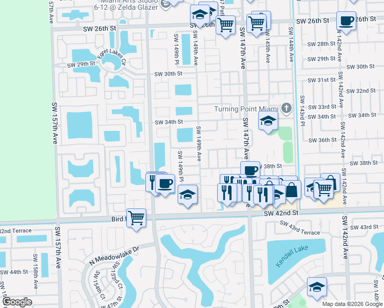 map of restaurants, bars, coffee shops, grocery stores, and more near 14905 Southwest 38th Street in Miami