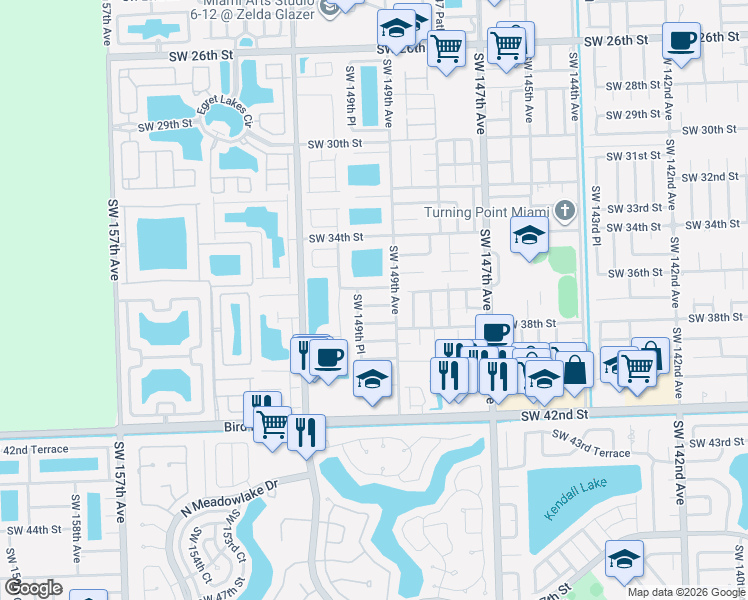 map of restaurants, bars, coffee shops, grocery stores, and more near 3720 Southwest 149th Place in Miami