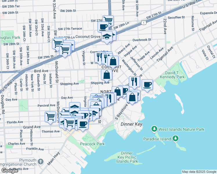 map of restaurants, bars, coffee shops, grocery stores, and more near 3172 Southwest 27th Avenue in Miami