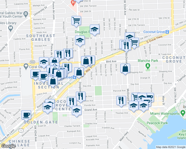 map of restaurants, bars, coffee shops, grocery stores, and more near 3101 Plaza Street in Miami