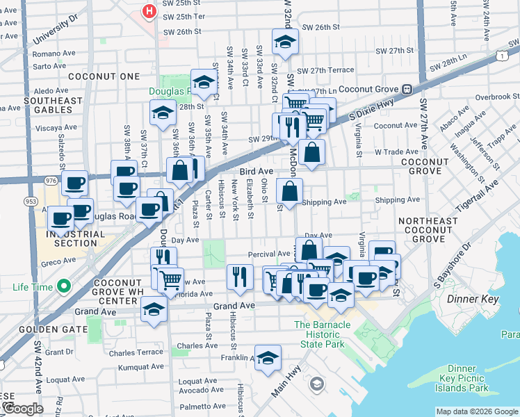 map of restaurants, bars, coffee shops, grocery stores, and more near 3152 Elizabeth Street in Miami