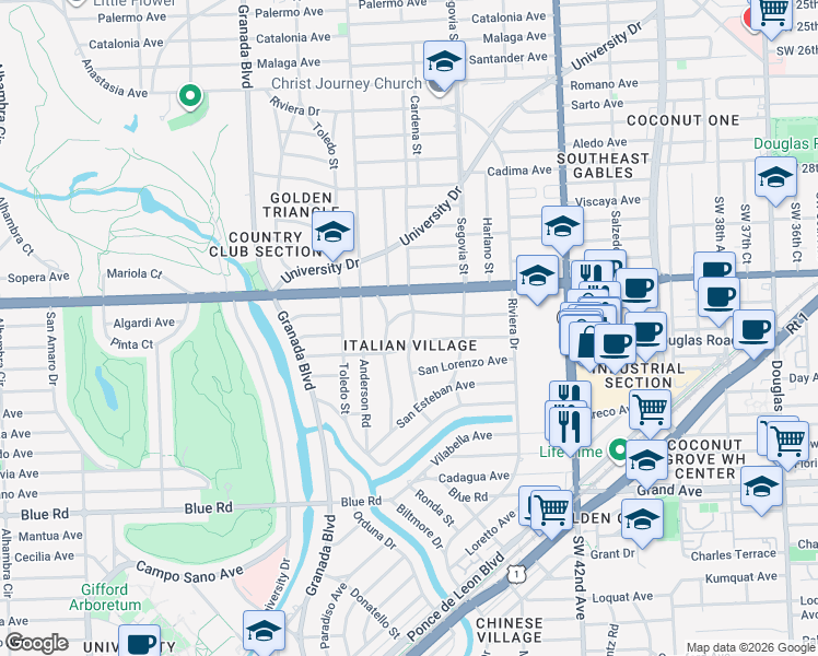 map of restaurants, bars, coffee shops, grocery stores, and more near 644 Altara Avenue in Coral Gables