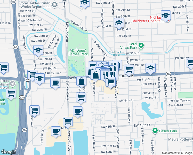 map of restaurants, bars, coffee shops, grocery stores, and more near 6836b Southwest 40th Street in Miami