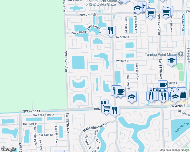 map of restaurants, bars, coffee shops, grocery stores, and more near 3718 Southwest 153rd Place in Miami