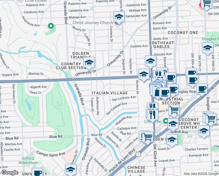 map of restaurants, bars, coffee shops, grocery stores, and more near 644 Altara Avenue in Coral Gables