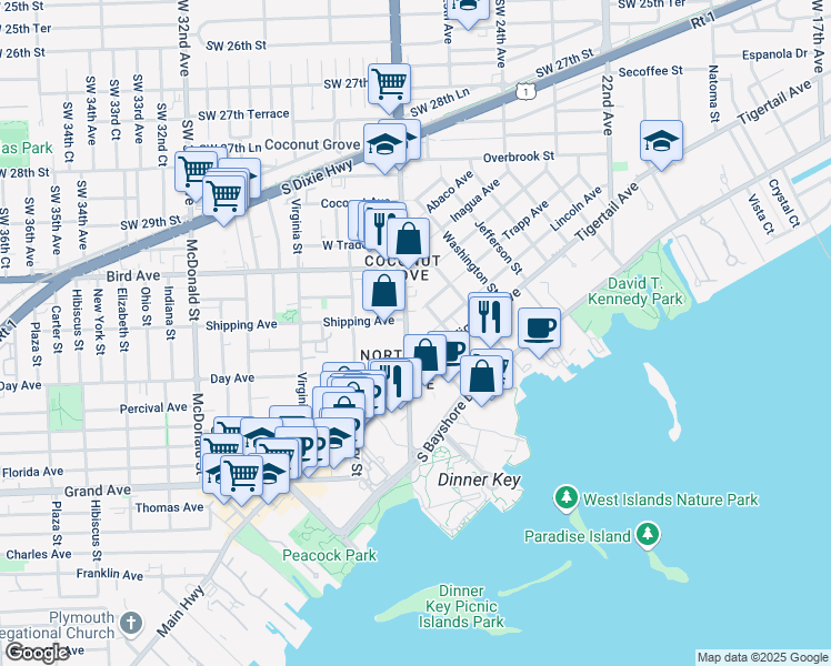 map of restaurants, bars, coffee shops, grocery stores, and more near 3172 Southwest 27th Avenue in Miami