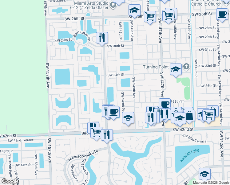map of restaurants, bars, coffee shops, grocery stores, and more near 15114 Southwest 35th Terrace in Miami