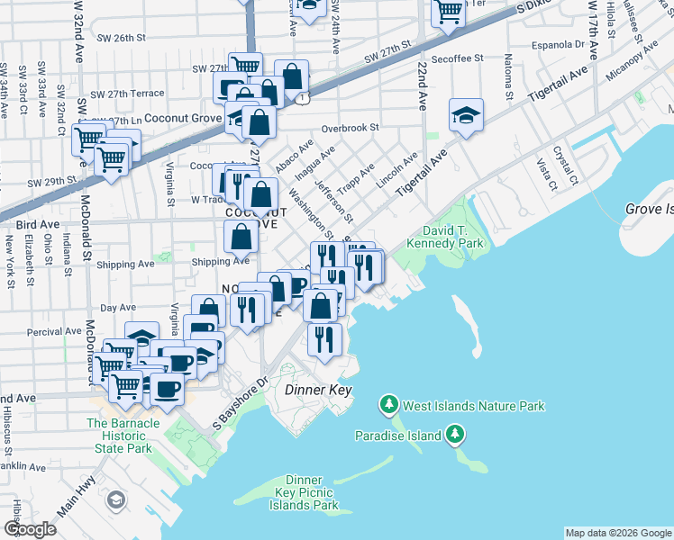 map of restaurants, bars, coffee shops, grocery stores, and more near 0 Camino Circle in Miami