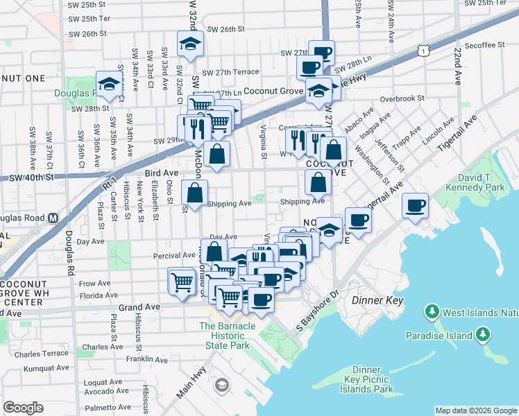 map of restaurants, bars, coffee shops, grocery stores, and more near 3075 Allamanda Street in Miami